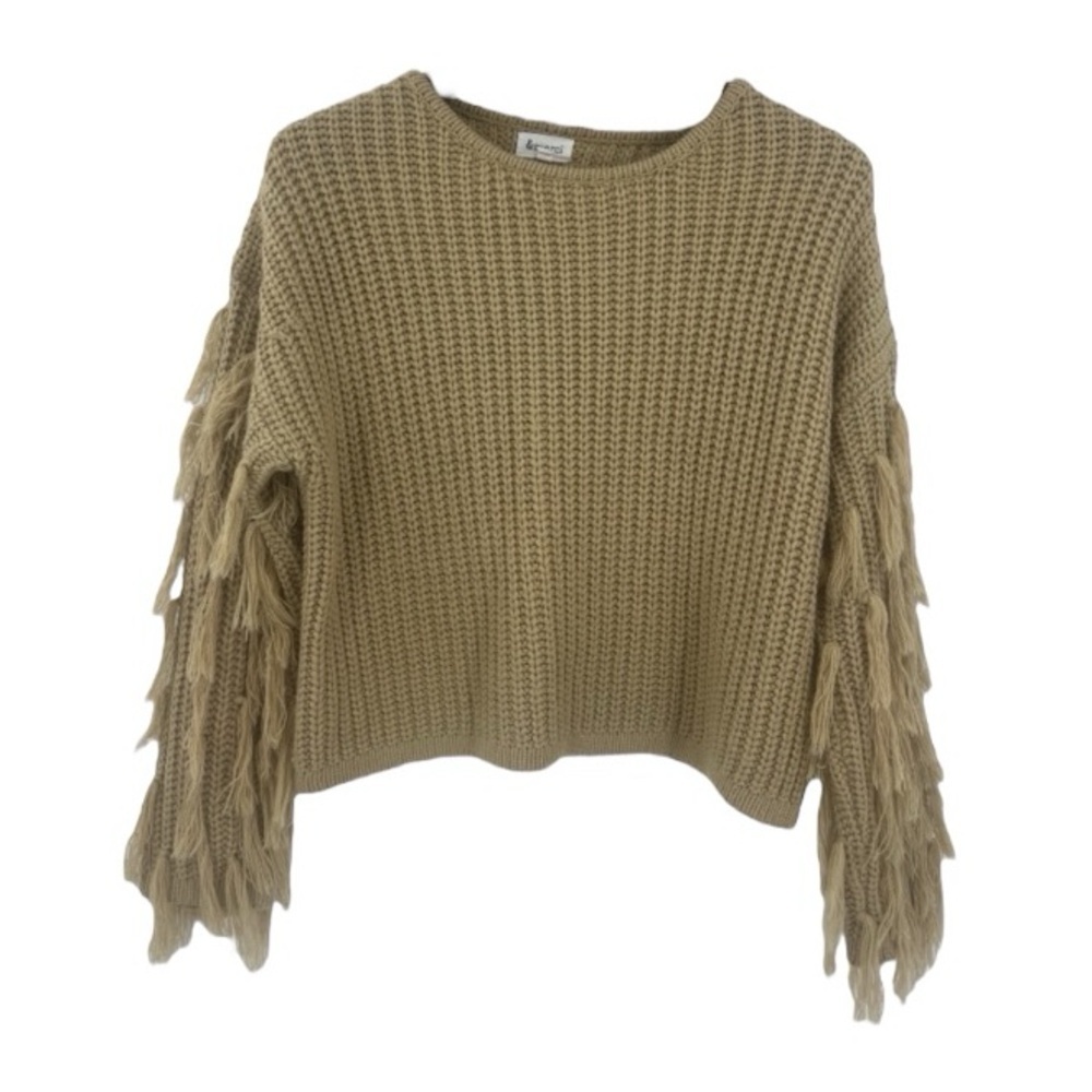 &merci Fringed Cropped Long Sleeve Knit Crew Neck Tan Oversized Sweater L